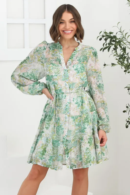 Cadell Mini Dress: Mandarin Collar Buttoned Down Dress in Odette Print sold by Salty Crush
