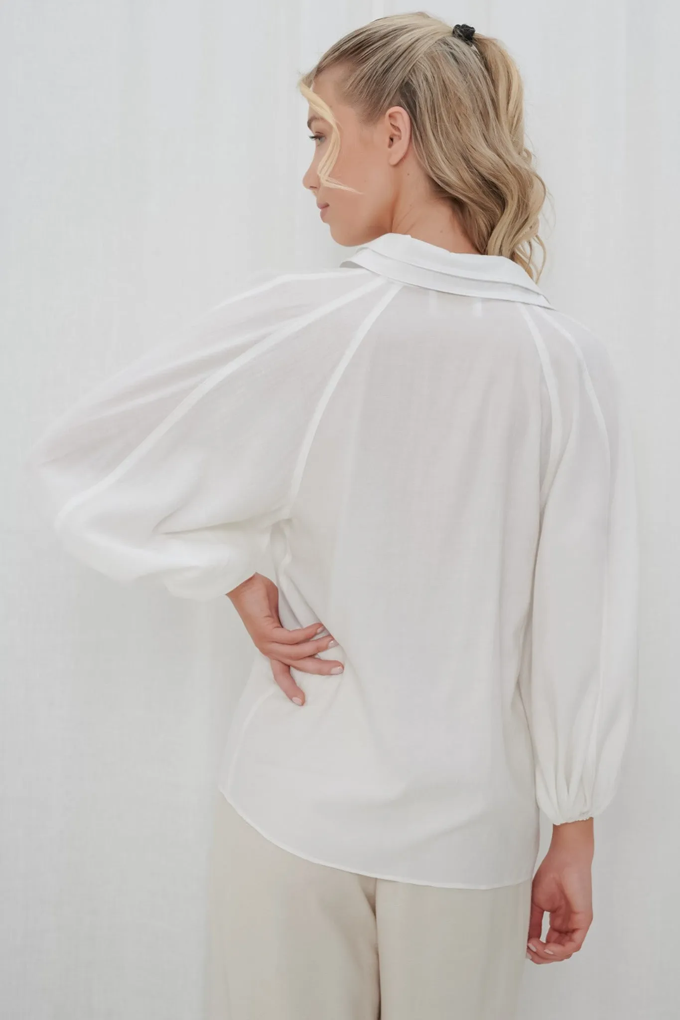 Marina Blouse - Double Folded Collar Oversized Billow Sleeve Button Down in White sold by Salty Crush product image thumbnail 5