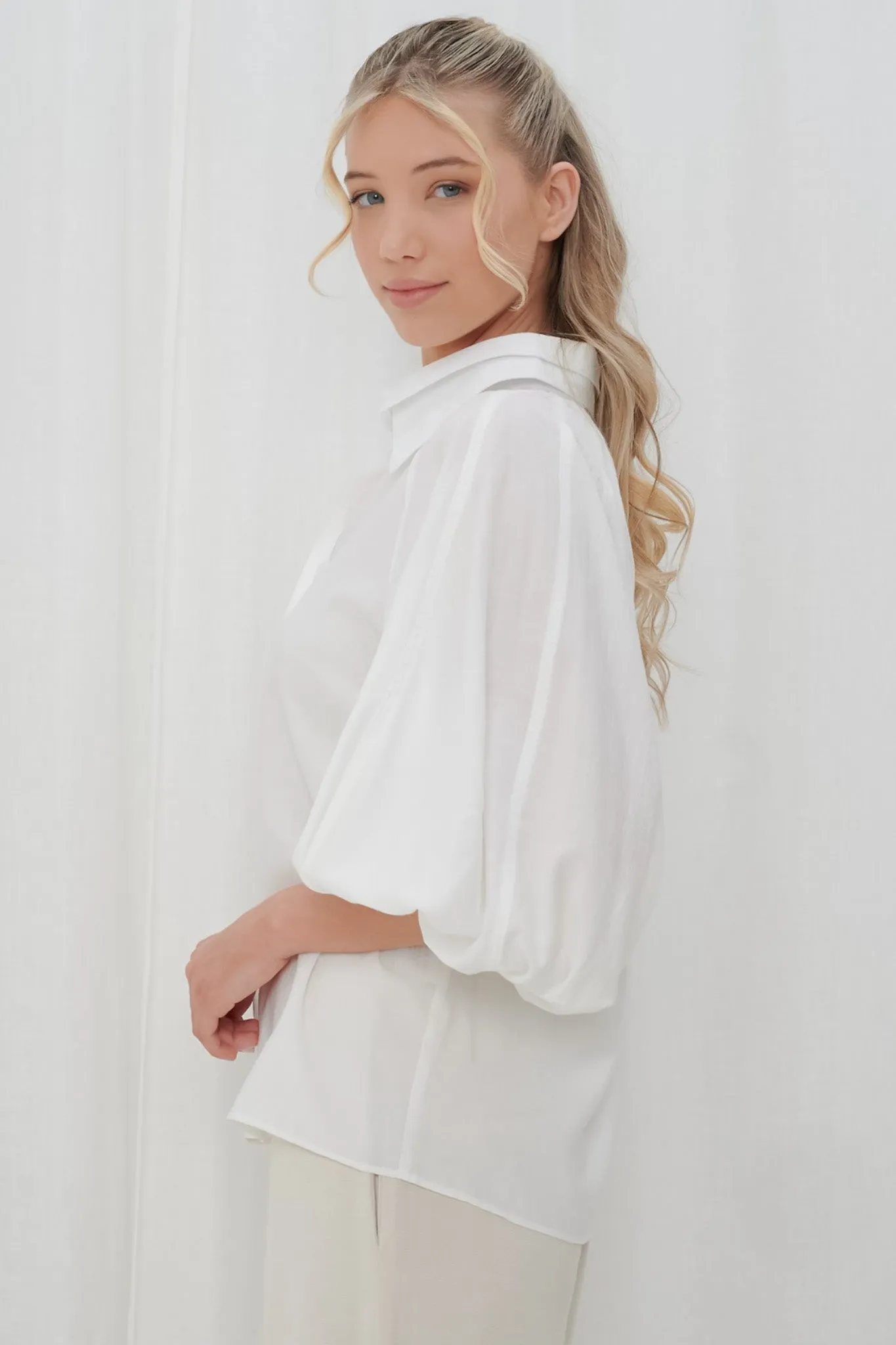 Marina Blouse - Double Folded Collar Oversized Billow Sleeve Button Down in White sold by Salty Crush product image thumbnail 3