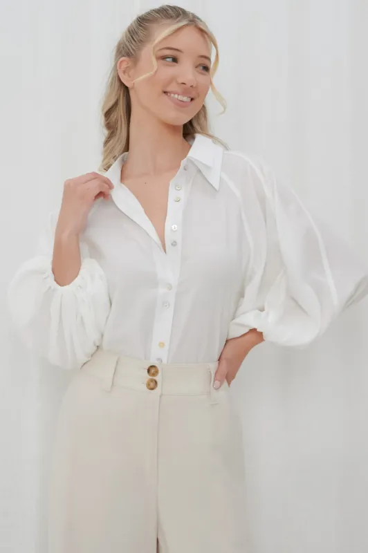 Marina Blouse - Double Folded Collar Oversized Billow Sleeve Button Down in White sold by Salty Crush