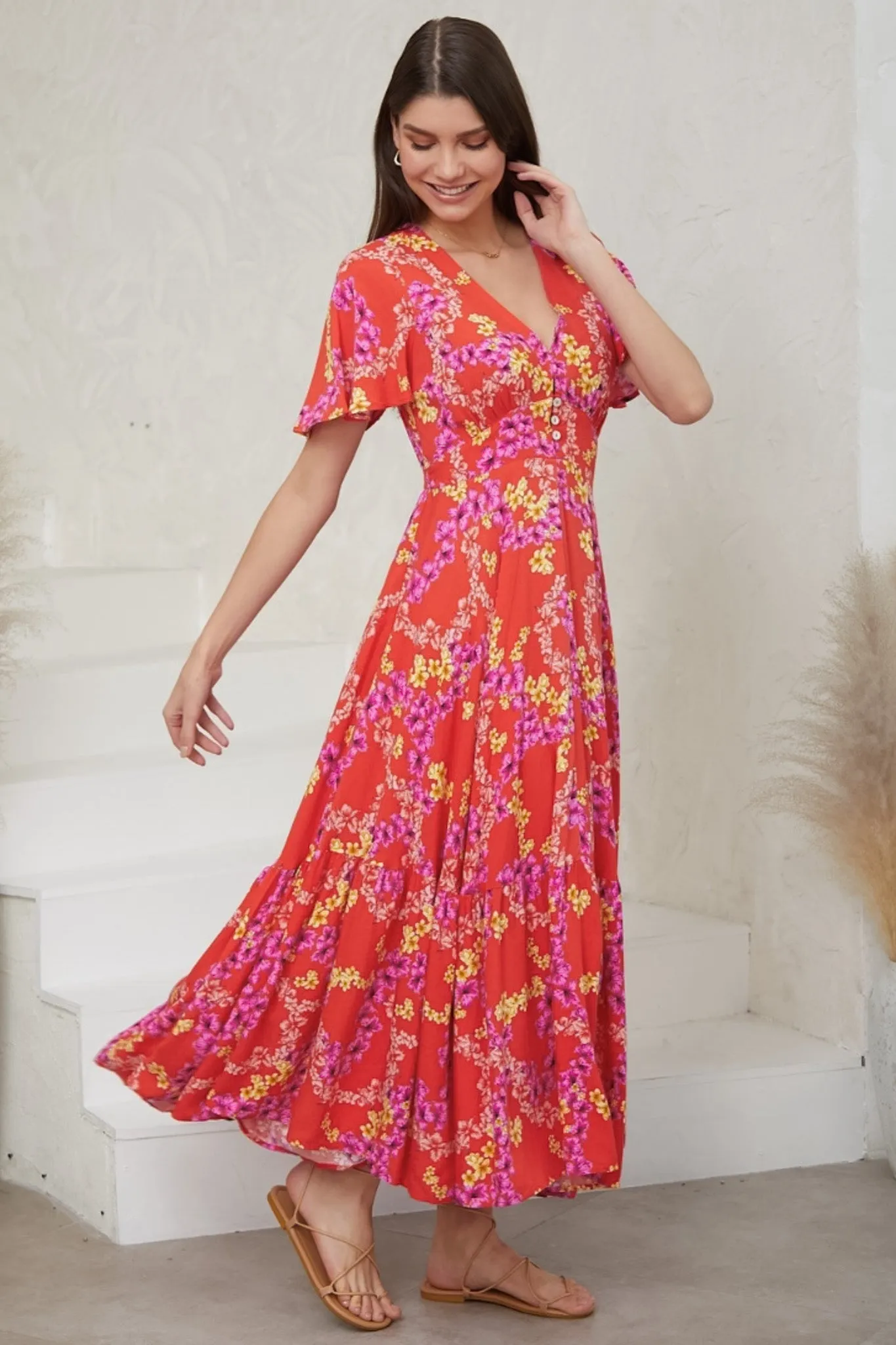 Libby Maxi Dress - Flutter Cap Sleeve Button Waist Detailed A Line Dress in Comino Print sold by Salty Crush product image thumbnail 2