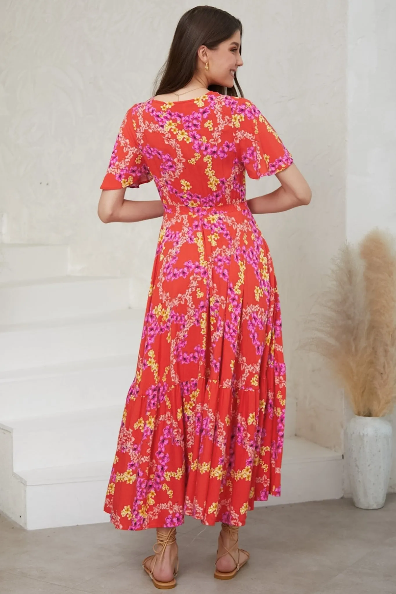 Libby Maxi Dress - Flutter Cap Sleeve Button Waist Detailed A Line Dress in Comino Print sold by Salty Crush product image thumbnail 3