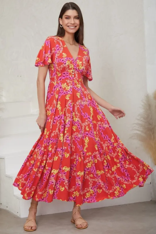 Libby Maxi Dress - Flutter Cap Sleeve Button Waist Detailed A Line Dress in Comino Print sold by Salty Crush