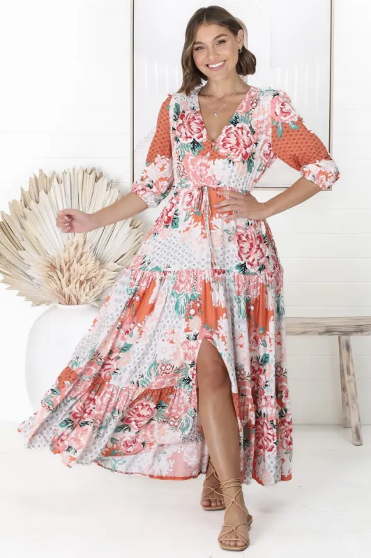 JAASE - Tessa Maxi Dress: A Line Pull Tie Waist Dress in Fleur Print sold by Salty Crush