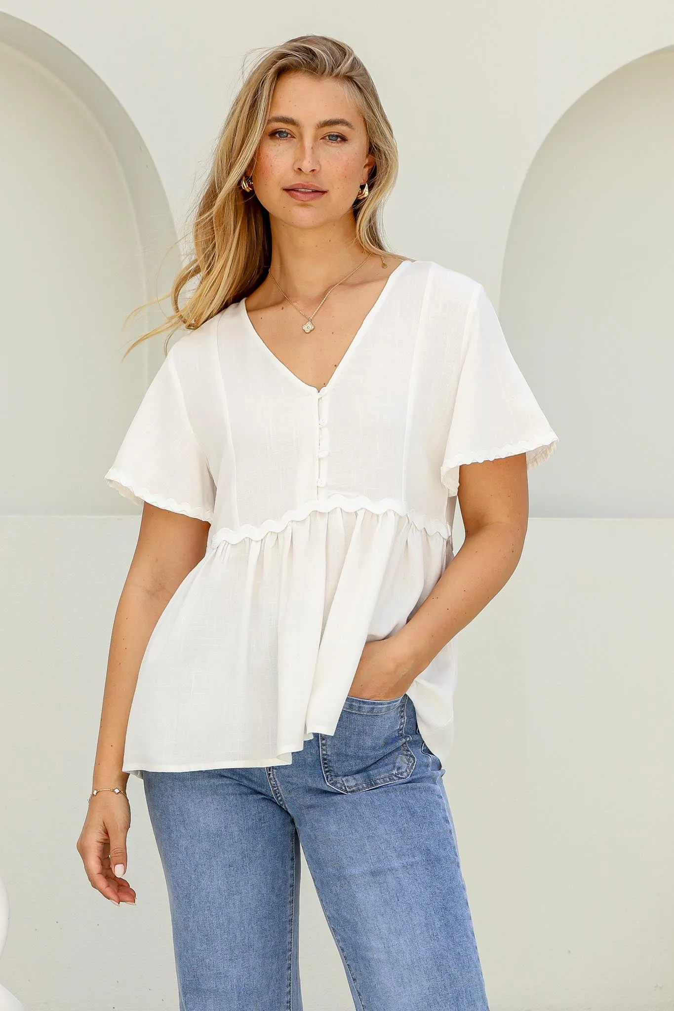 Aster Top - Pull Over Top with Rick Rack Detailing in White sold by Salty Crush