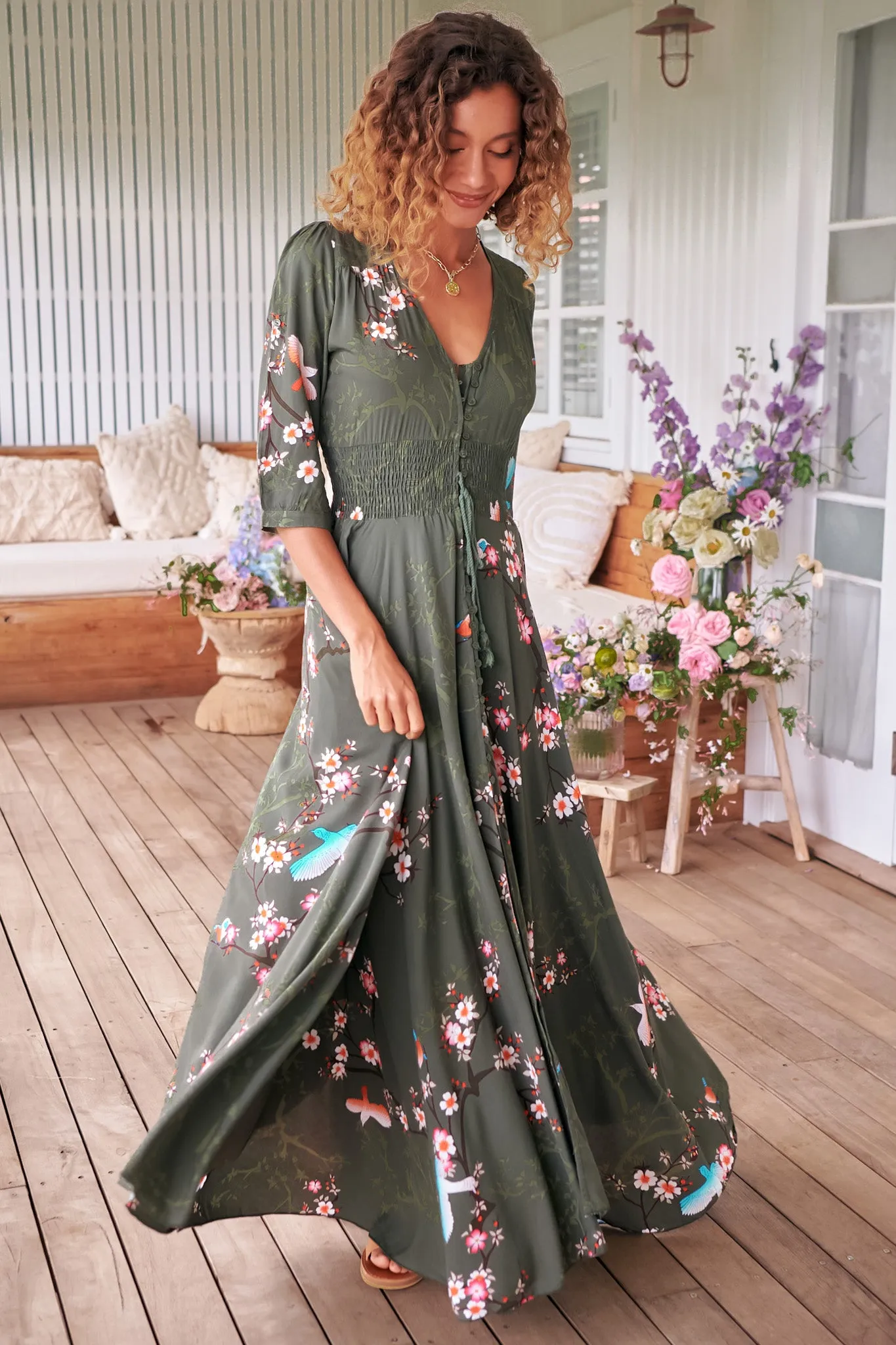 Indiana Maxi Dress - Lace Back Shirred Waist A Line Dress with Handkerchief Hemline in Birds Paradise Print sold by Salty Crush product image thumbnail 4