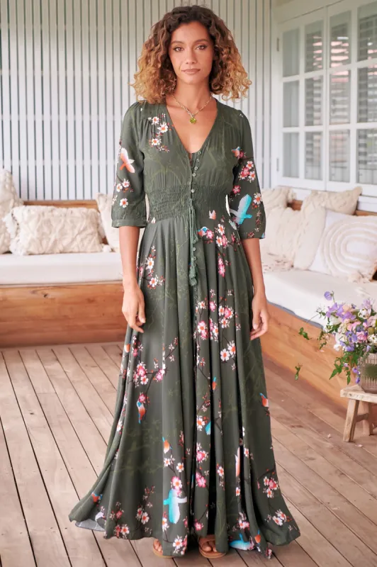 Indiana Maxi Dress - Lace Back Shirred Waist A Line Dress with Handkerchief Hemline in Birds Paradise Print sold by Salty Crush