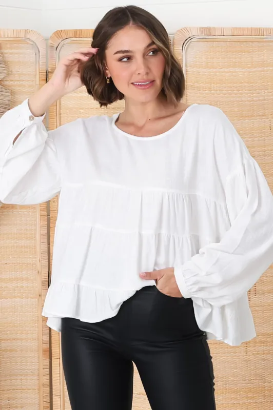Gabby Top - Tiered Linen Top in White sold by Salty Crush