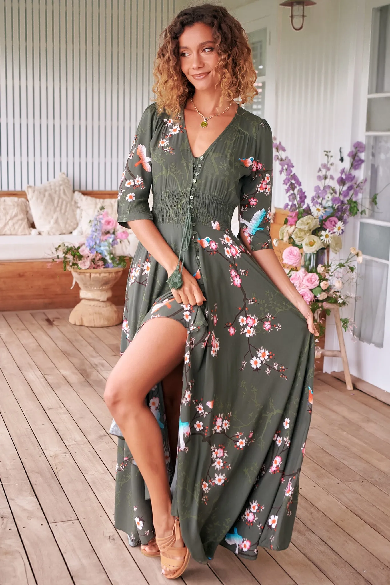 Indiana Maxi Dress - Lace Back Shirred Waist A Line Dress with Handkerchief Hemline in Birds Paradise Print sold by Salty Crush product image thumbnail 5