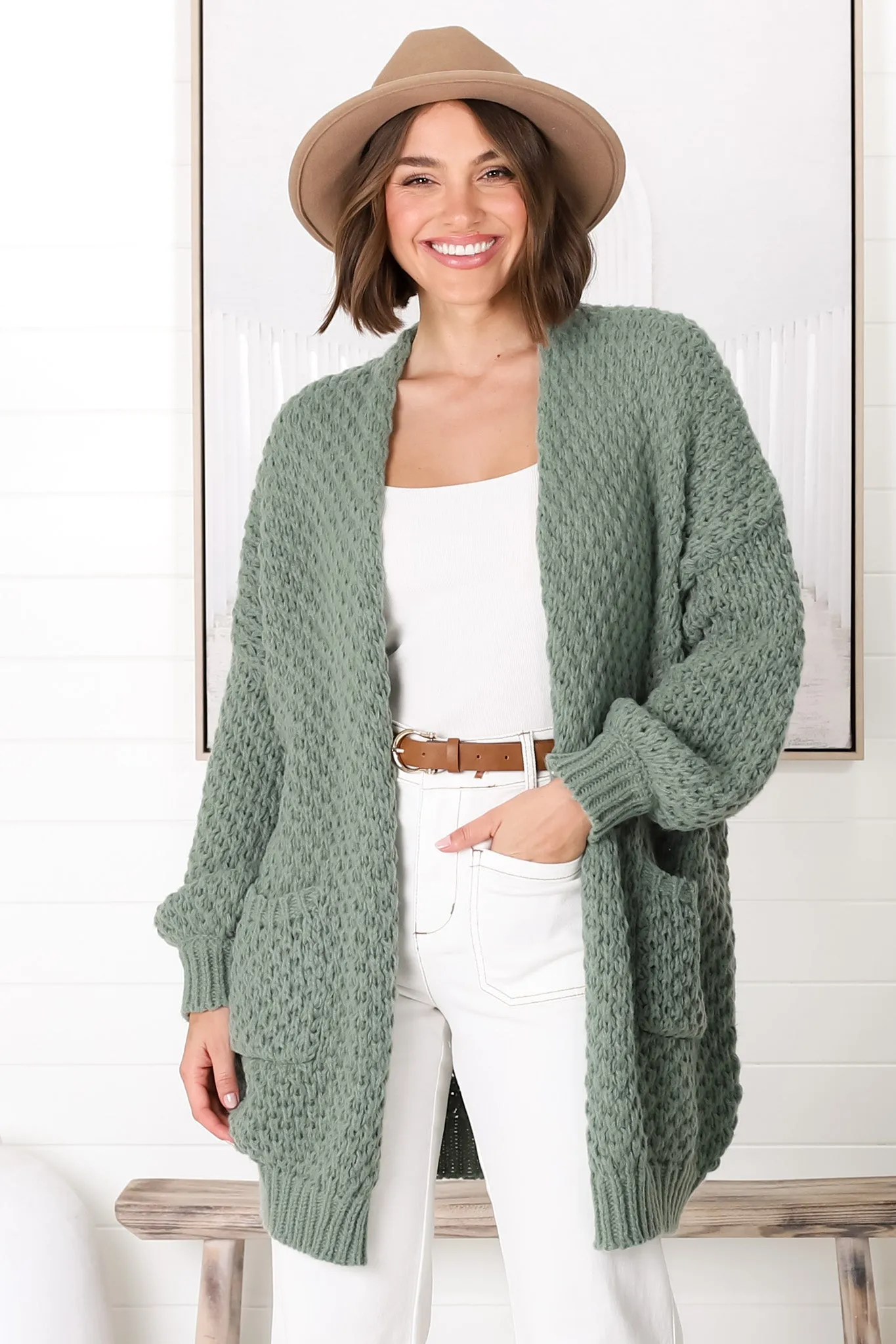 Ricki Cardigan - Open Front Chunky Knit Cardigan in Sage sold by Salty Crush product image thumbnail 4
