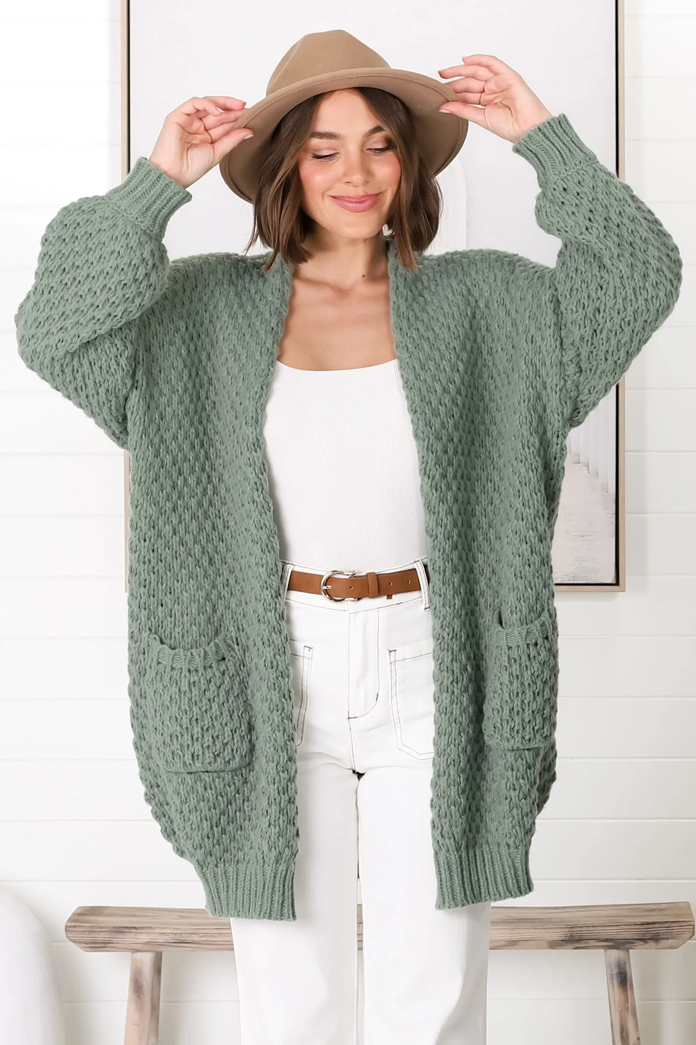 Ricki Cardigan - Open Front Chunky Knit Cardigan in Sage sold by Salty Crush product image thumbnail 2