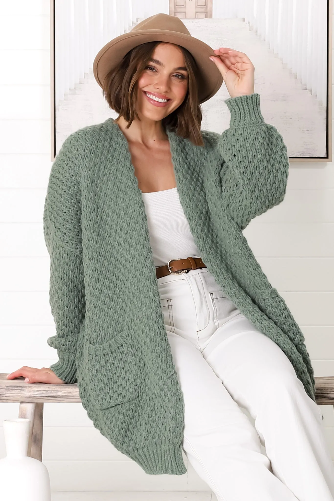 Ricki Cardigan - Open Front Chunky Knit Cardigan in Sage sold by Salty Crush product image thumbnail 5