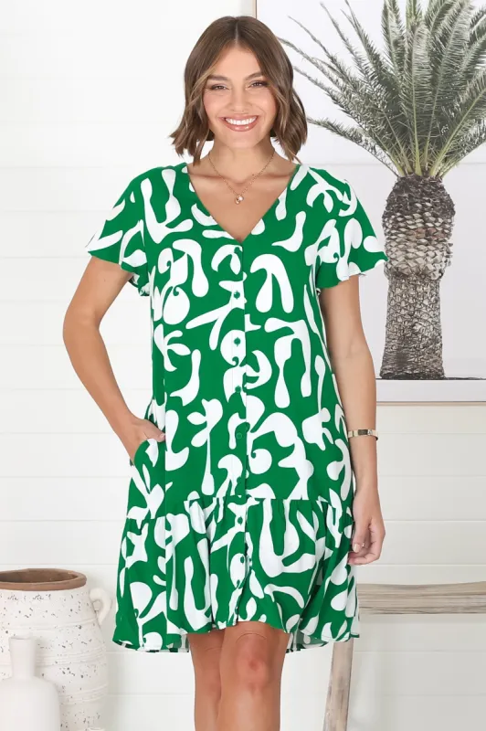 Jaxie Mini Dress - V Neck Button Down Cap Sleeve Dress in Green sold by Salty Crush