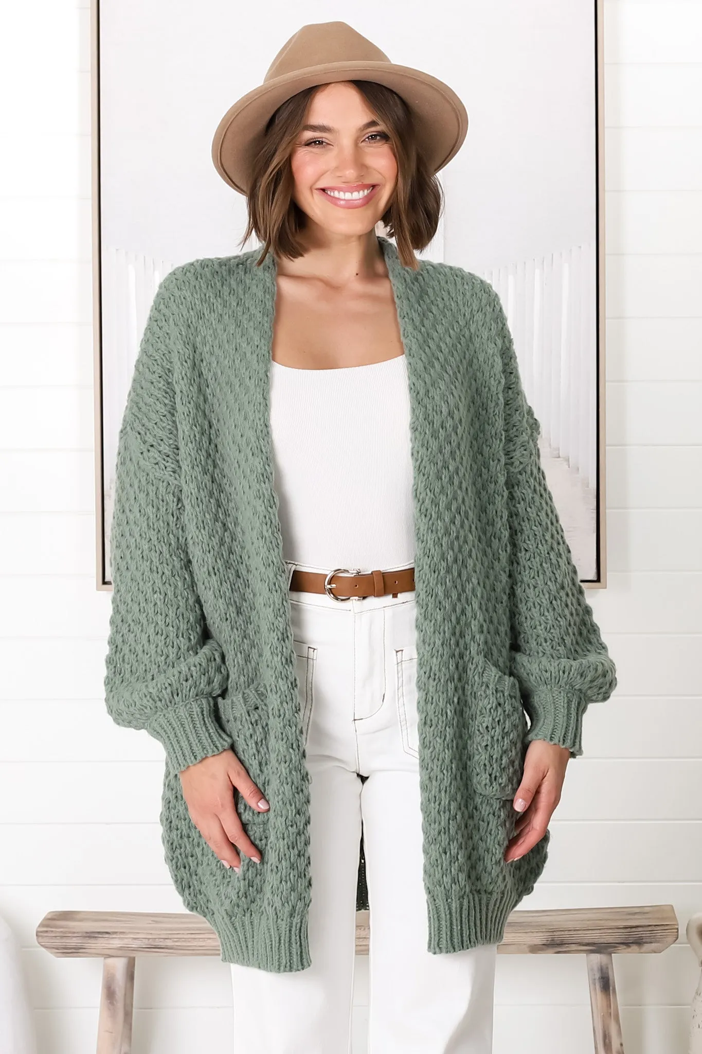 Ricki Cardigan - Open Front Chunky Knit Cardigan in Sage sold by Salty Crush product image thumbnail 3