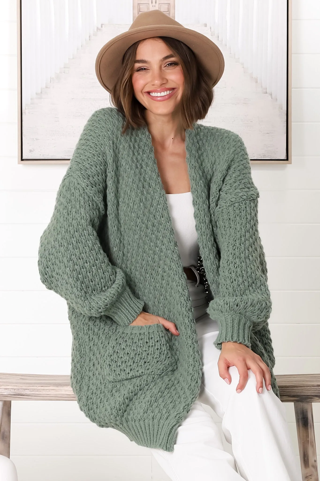 Ricki Cardigan - Open Front Chunky Knit Cardigan in Sage sold by Salty Crush