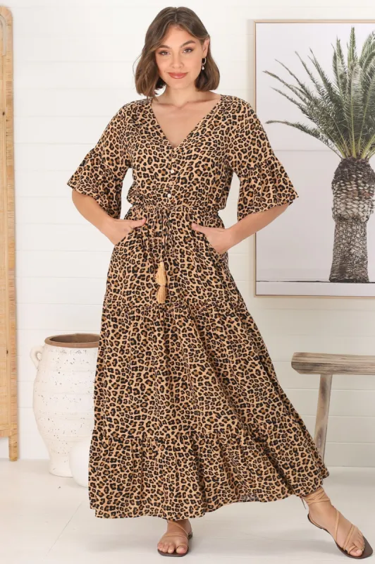 Rae Maxi Dress - Buttoned Bodice Pull Waist A Line Dress in Cecelia Print sold by Salty Crush