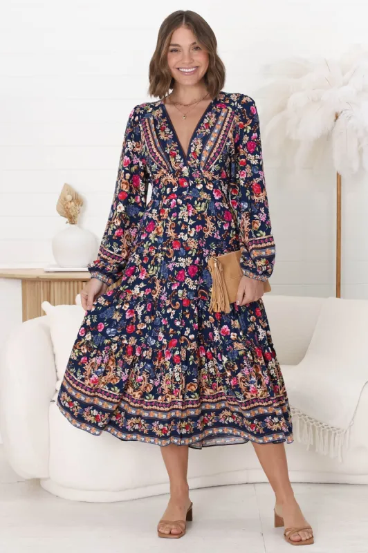 Bello Midi Dress - Button Through Dress with Balloon Sleeves in Elyce Print sold by Salty Crush