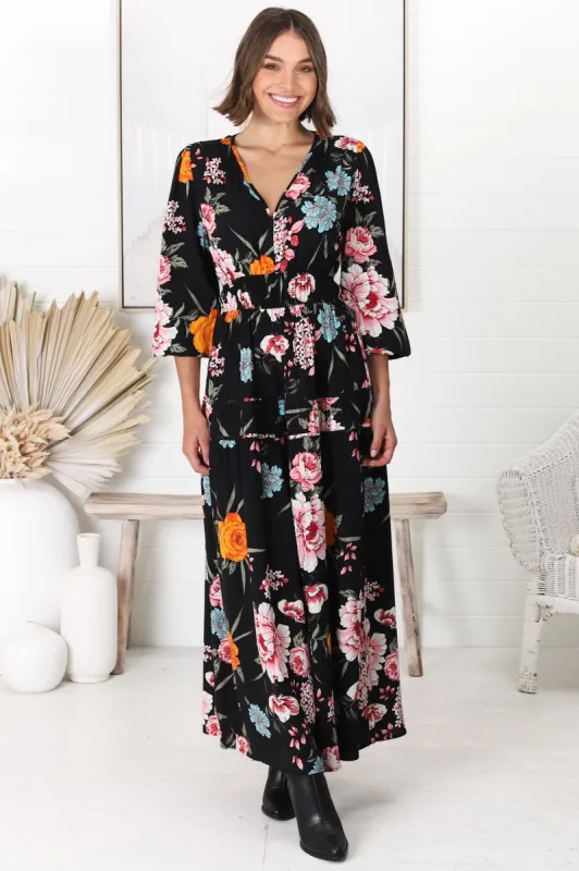 Elza Maxi Dress - A line dress with Balloon Sleeves in our Lena Print sold by Salty Crush