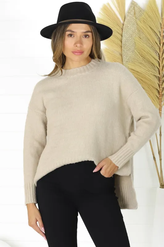 Sammy Jumper - Crew Neck Ribbed Shark Bite Hemline Jumper in Beige sold by Salty Crush