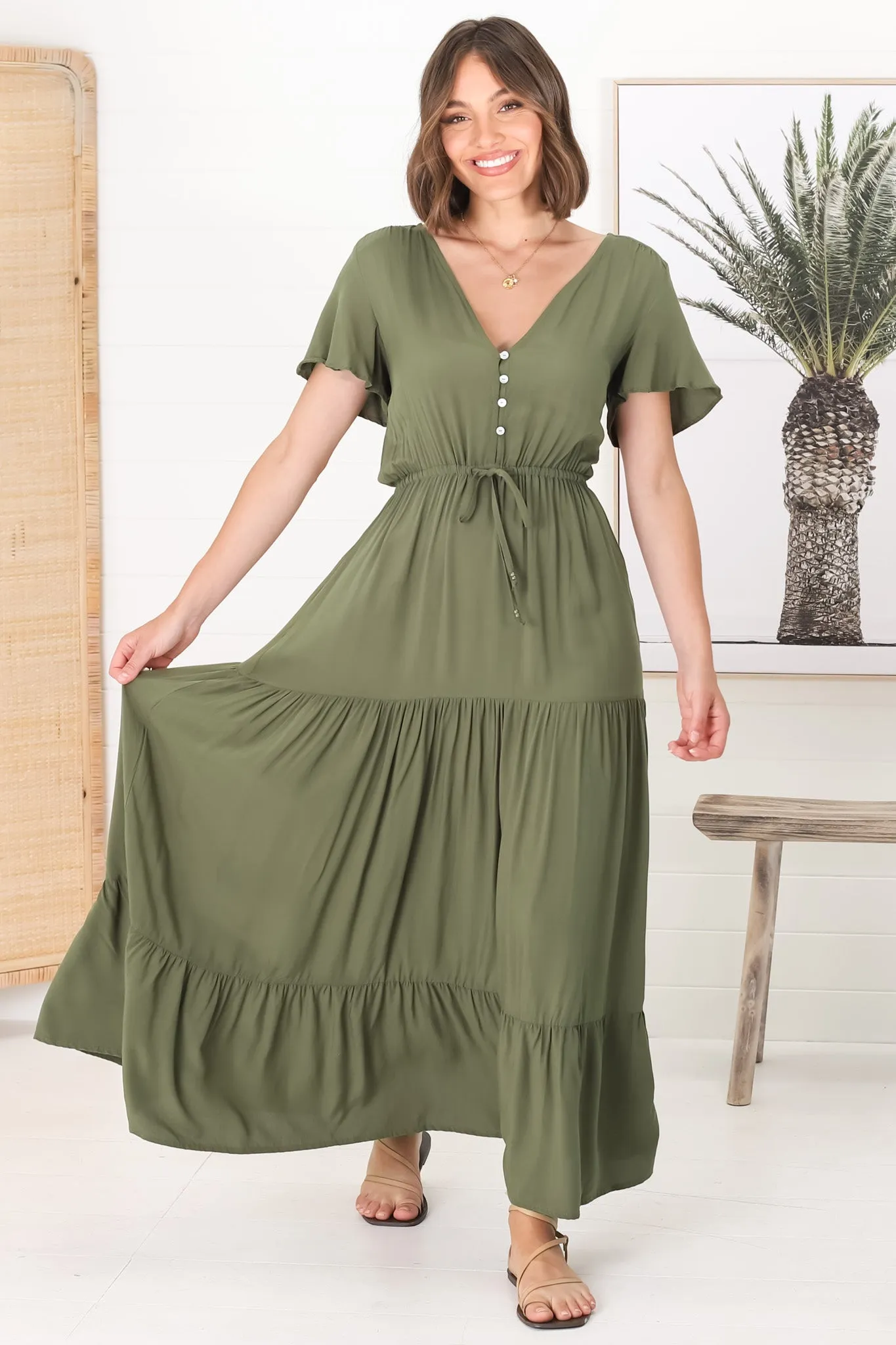 Hanna Maxi Dress - Cap Sleeve Tiered A Line Dress with Toggle Detailed Waist Tie in Olive sold by Salty Crush product image thumbnail 2