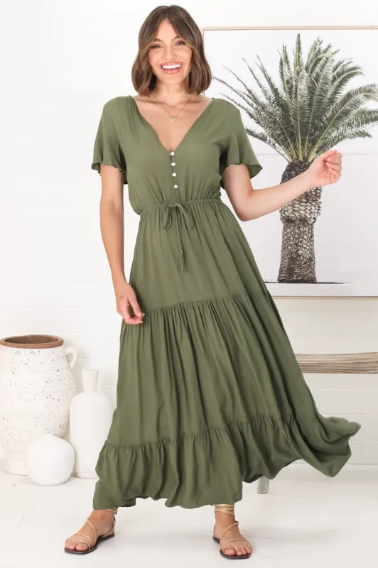 Hanna Maxi Dress - Cap Sleeve Tiered A Line Dress with Toggle Detailed Waist Tie in Olive sold by Salty Crush