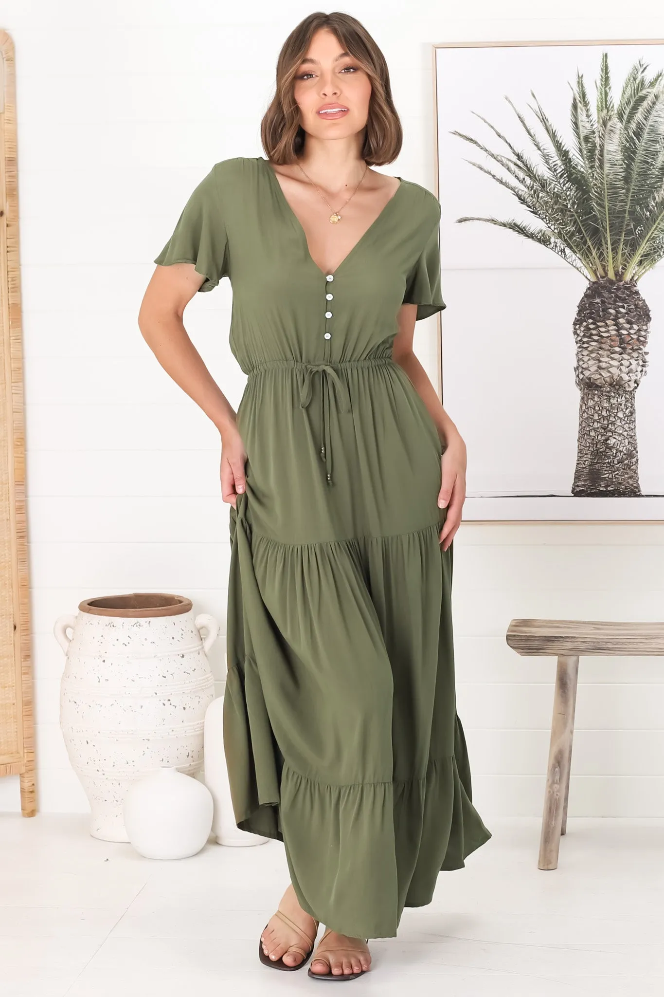 Hanna Maxi Dress - Cap Sleeve Tiered A Line Dress with Toggle Detailed Waist Tie in Olive sold by Salty Crush product image thumbnail 3
