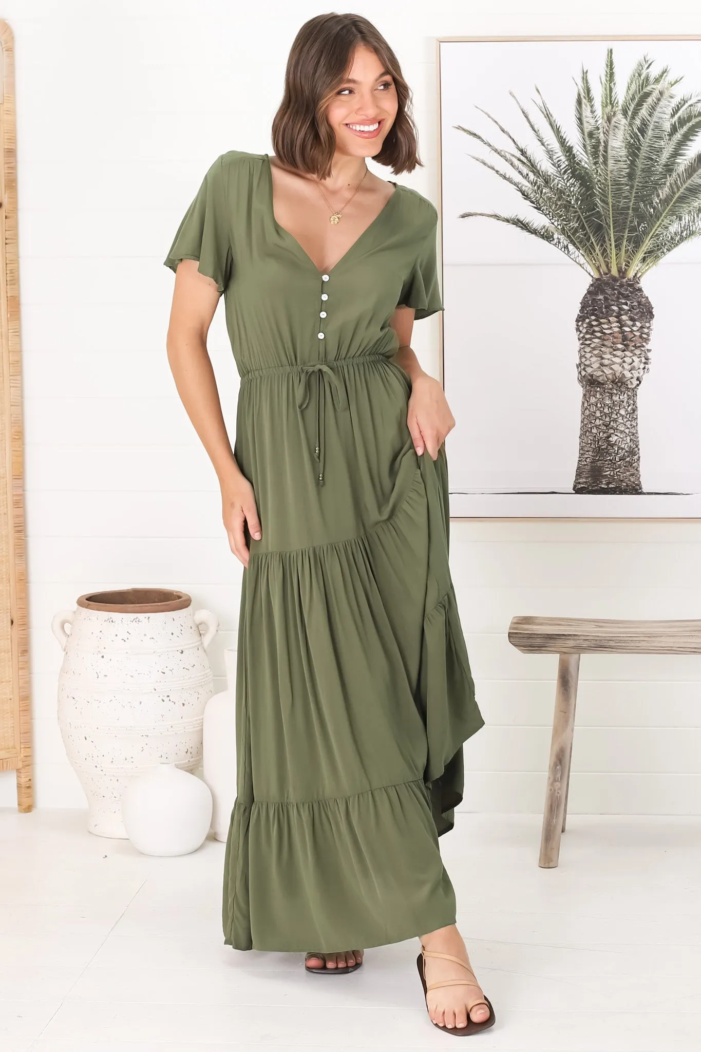 Hanna Maxi Dress - Cap Sleeve Tiered A Line Dress with Toggle Detailed Waist Tie in Olive sold by Salty Crush product image thumbnail 5