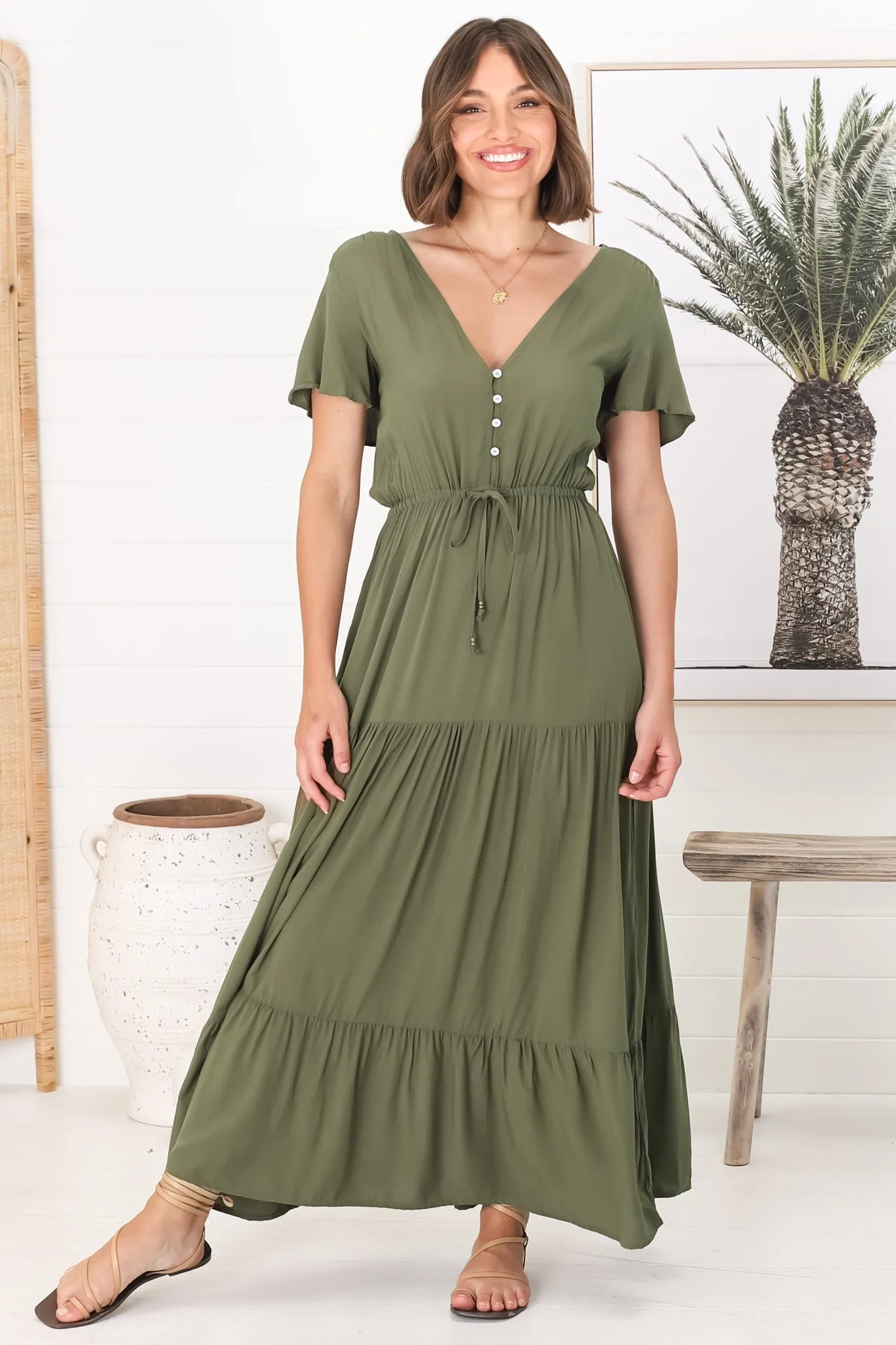 Hanna Maxi Dress - Cap Sleeve Tiered A Line Dress with Toggle Detailed Waist Tie in Olive sold by Salty Crush product image thumbnail 4