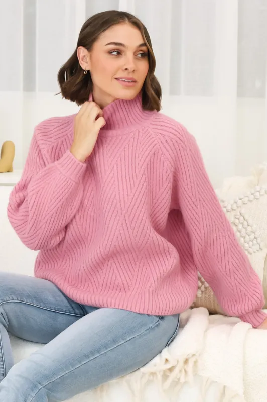 Karlie Jumper - Turtle Neck Ribbed Pattern Knit Jumper in Pink sold by Salty Crush