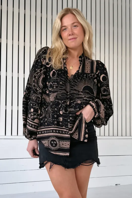 JAASE - Cyra Blouse: Frill Collar Button Down Long Sleeve Blouse in Astrid Print sold by Salty Crush