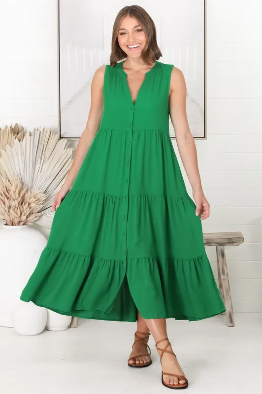 Fifi Linen Midi Dress - Mandarin Collar Sleeveless Button Down Dress in Green sold by Salty Crush