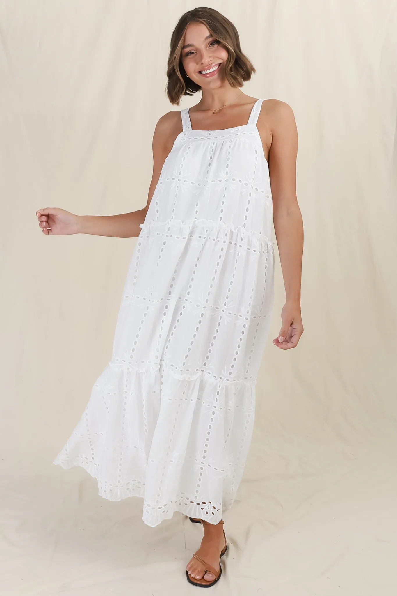 Tulip Midi Dress - Tie Up Straps Broderie Anglaise Tiered Dress in White sold by Salty Crush product image thumbnail 4