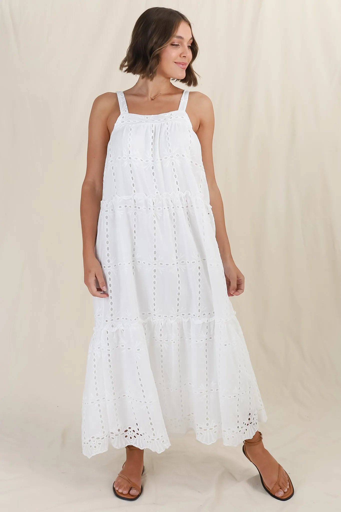 Tulip Midi Dress - Tie Up Straps Broderie Anglaise Tiered Dress in White sold by Salty Crush