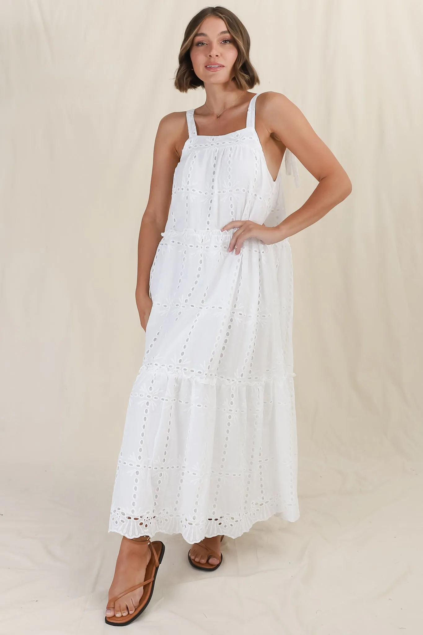 Tulip Midi Dress - Tie Up Straps Broderie Anglaise Tiered Dress in White sold by Salty Crush product image thumbnail 5