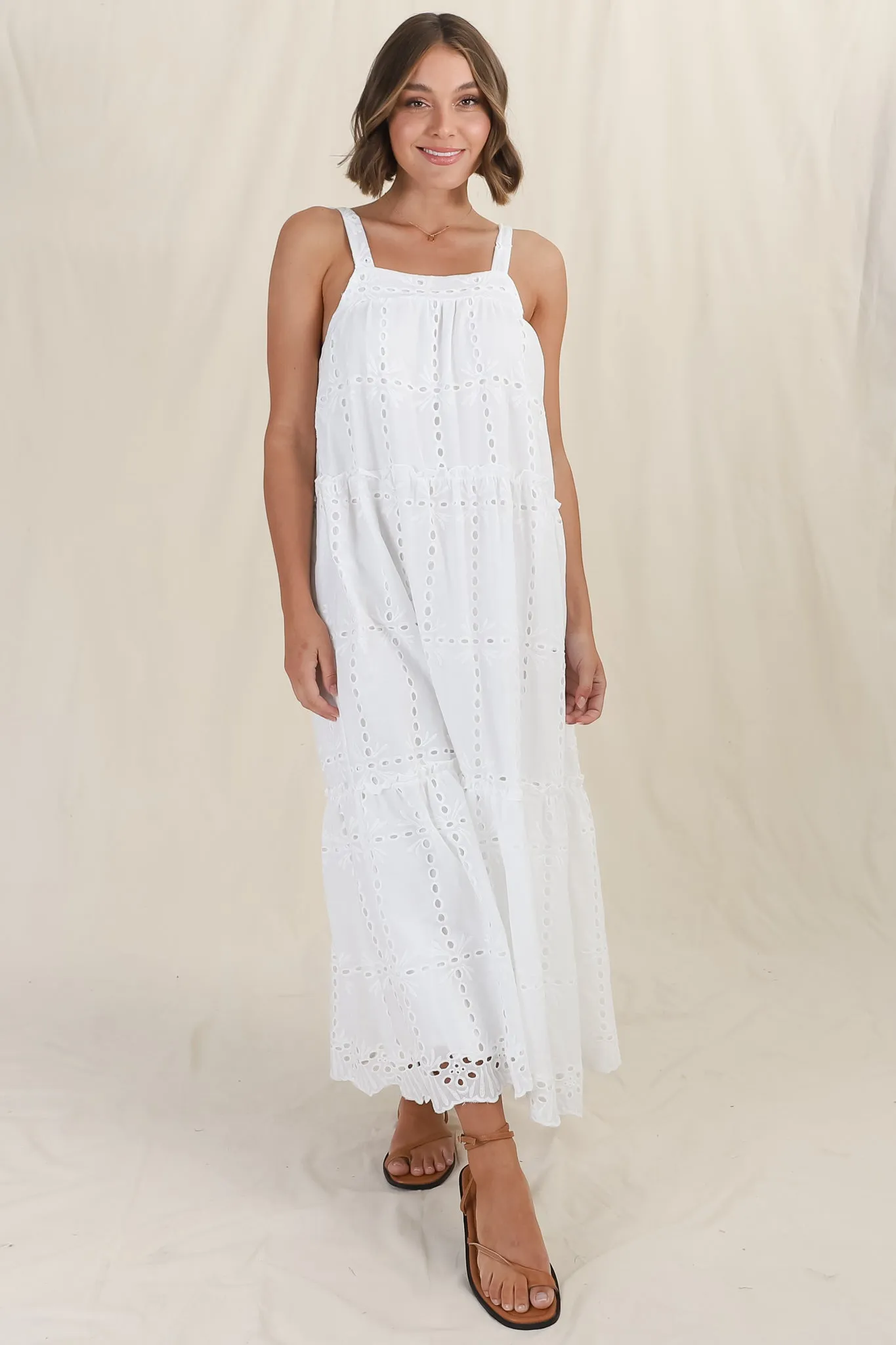 Tulip Midi Dress - Tie Up Straps Broderie Anglaise Tiered Dress in White sold by Salty Crush product image thumbnail 2