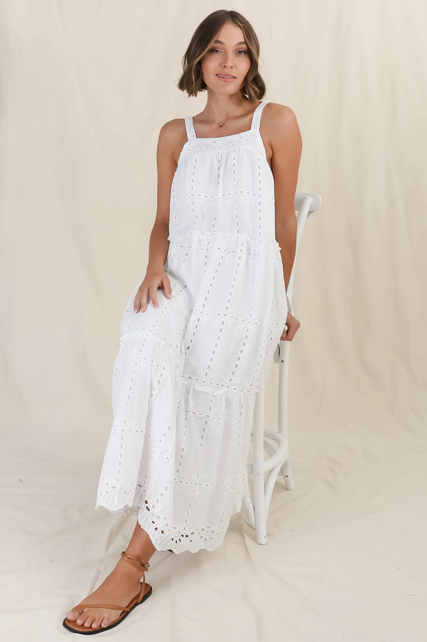 Tulip Midi Dress - Tie Up Straps Broderie Anglaise Tiered Dress in White sold by Salty Crush product image thumbnail 3