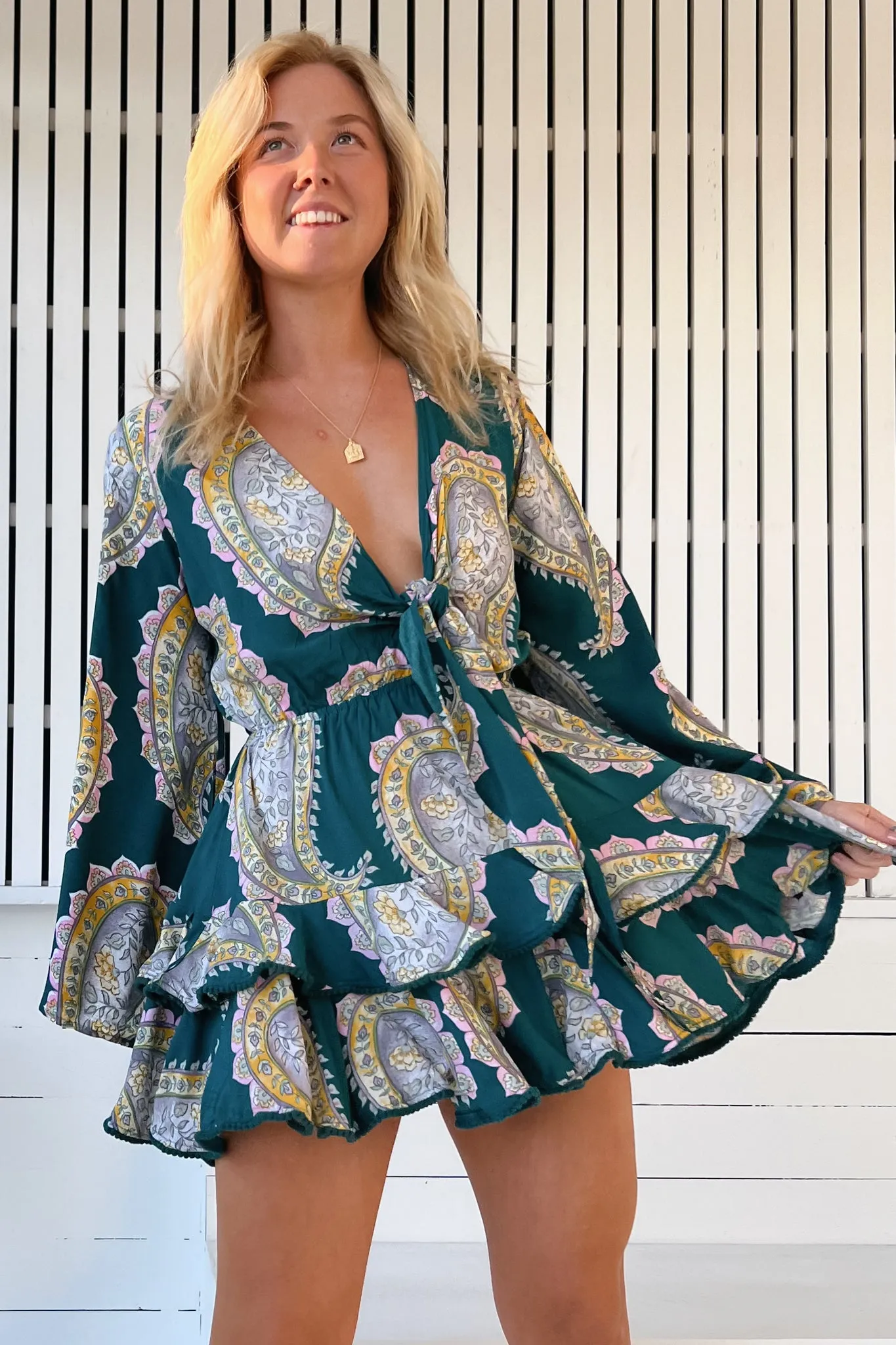 JAASE - Florin Mini Dress: Tiered V-Neck Mini with Long Sleeves in Mahala Print sold by Salty Crush product image thumbnail 5