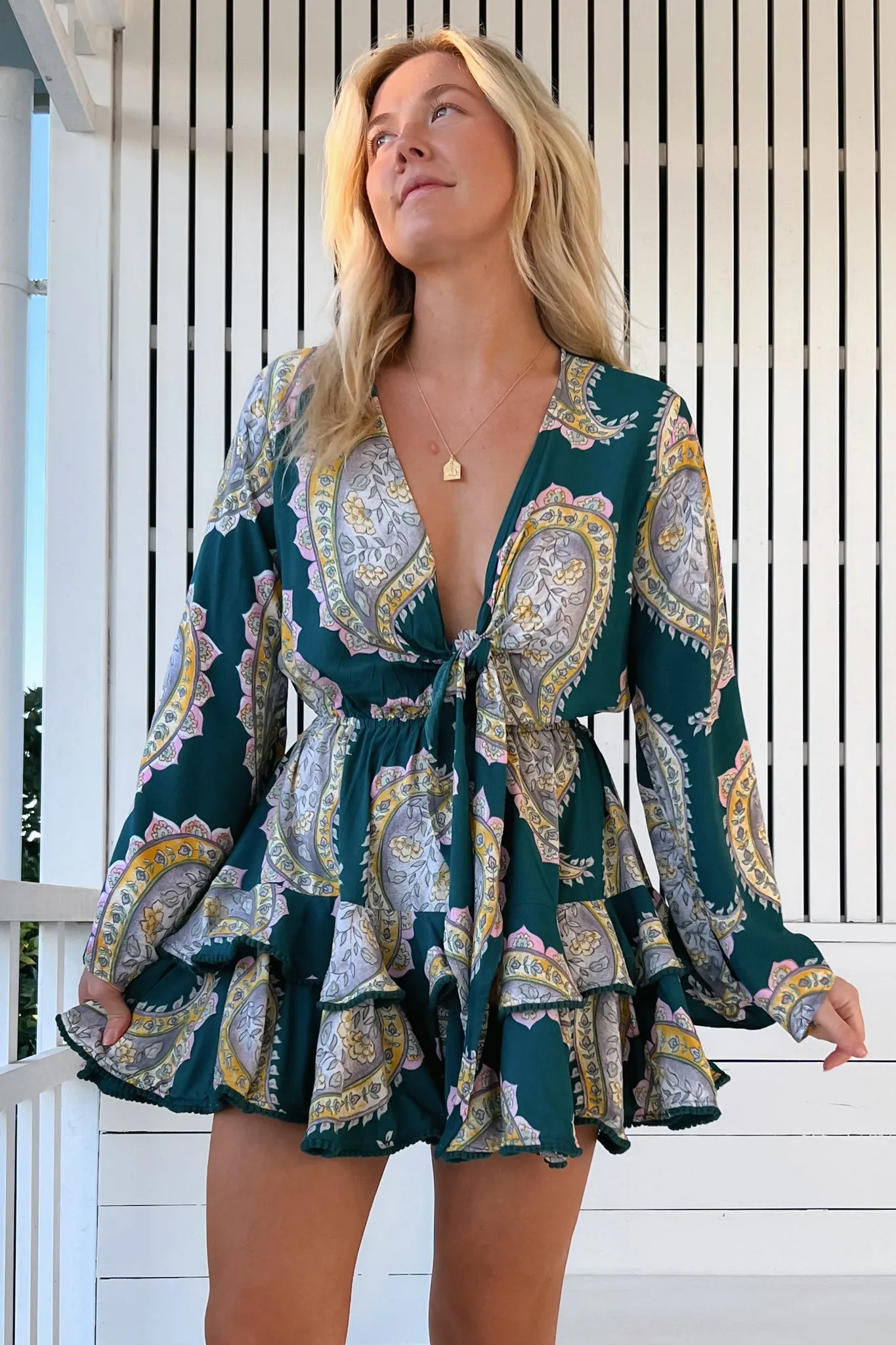 JAASE - Florin Mini Dress: Tiered V-Neck Mini with Long Sleeves in Mahala Print sold by Salty Crush product image thumbnail 3