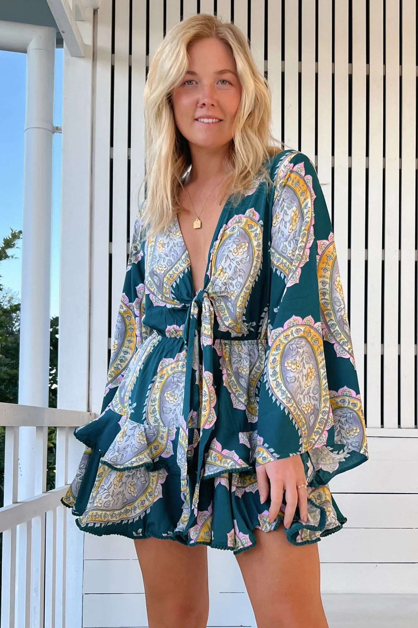 JAASE - Florin Mini Dress: Tiered V-Neck Mini with Long Sleeves in Mahala Print sold by Salty Crush product image thumbnail 4