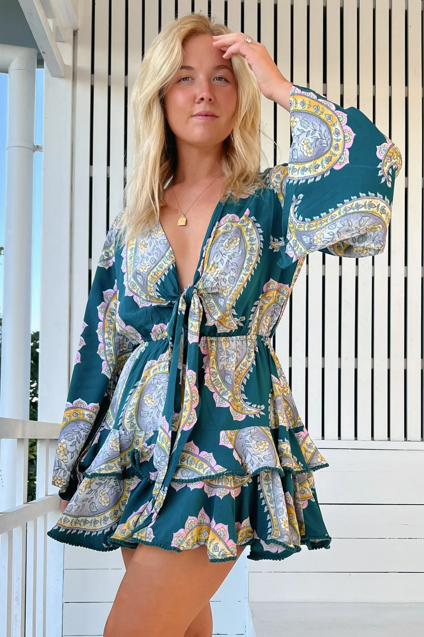 JAASE - Florin Mini Dress: Tiered V-Neck Mini with Long Sleeves in Mahala Print sold by Salty Crush product image thumbnail 2