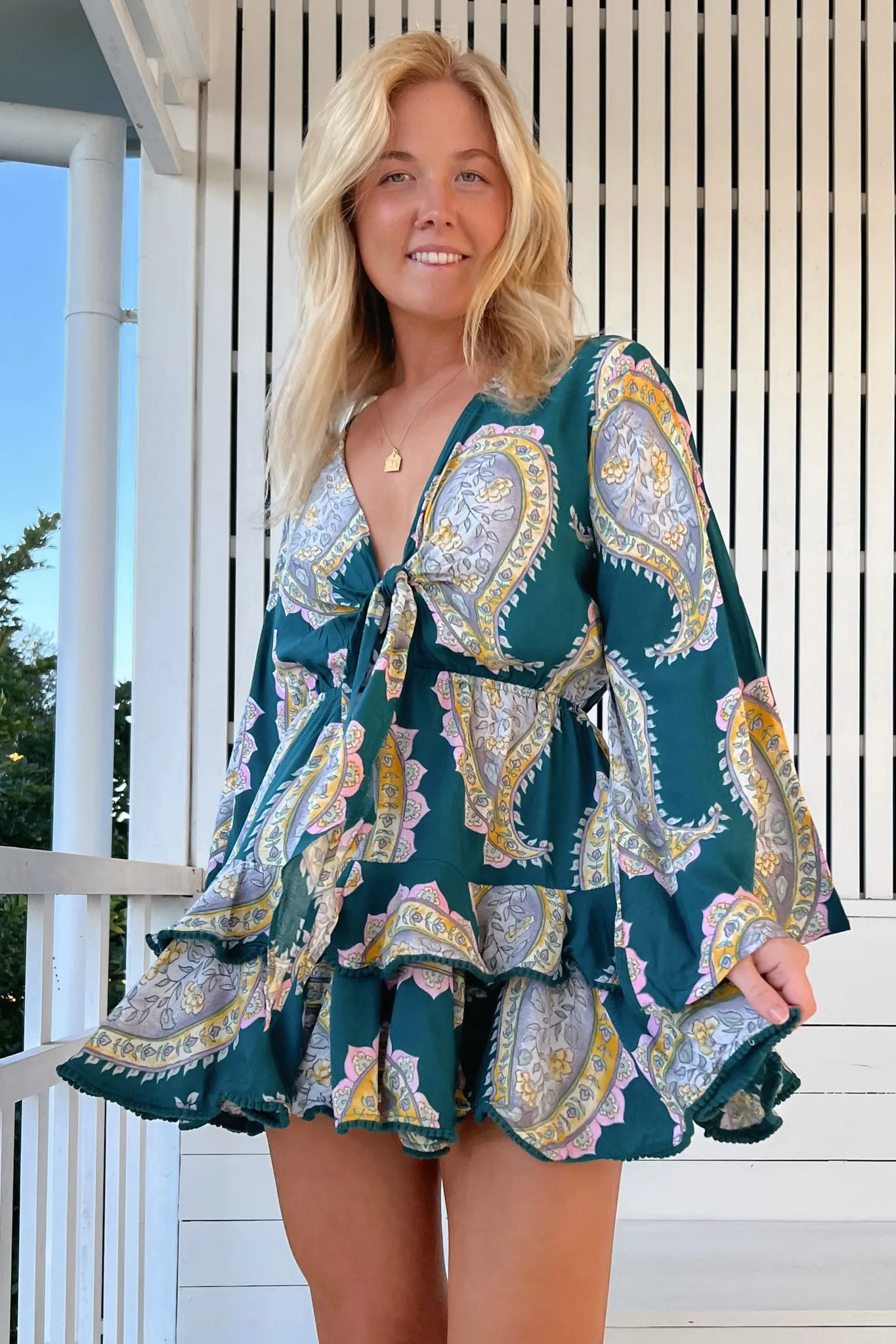 JAASE - Florin Mini Dress: Tiered V-Neck Mini with Long Sleeves in Mahala Print sold by Salty Crush