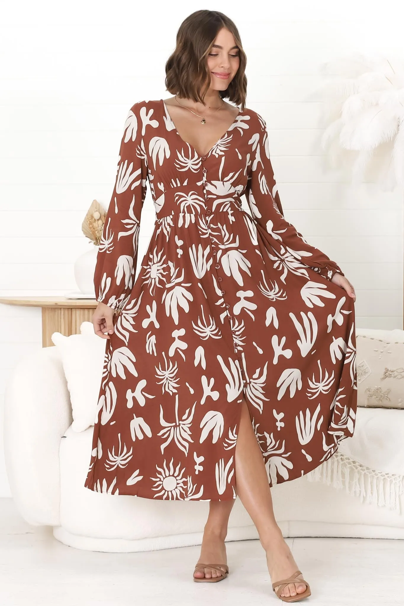 Bello Midi Dress - Button Through Dress with Balloon Sleeves in Wells Print Brown sold by Salty Crush product image thumbnail 5