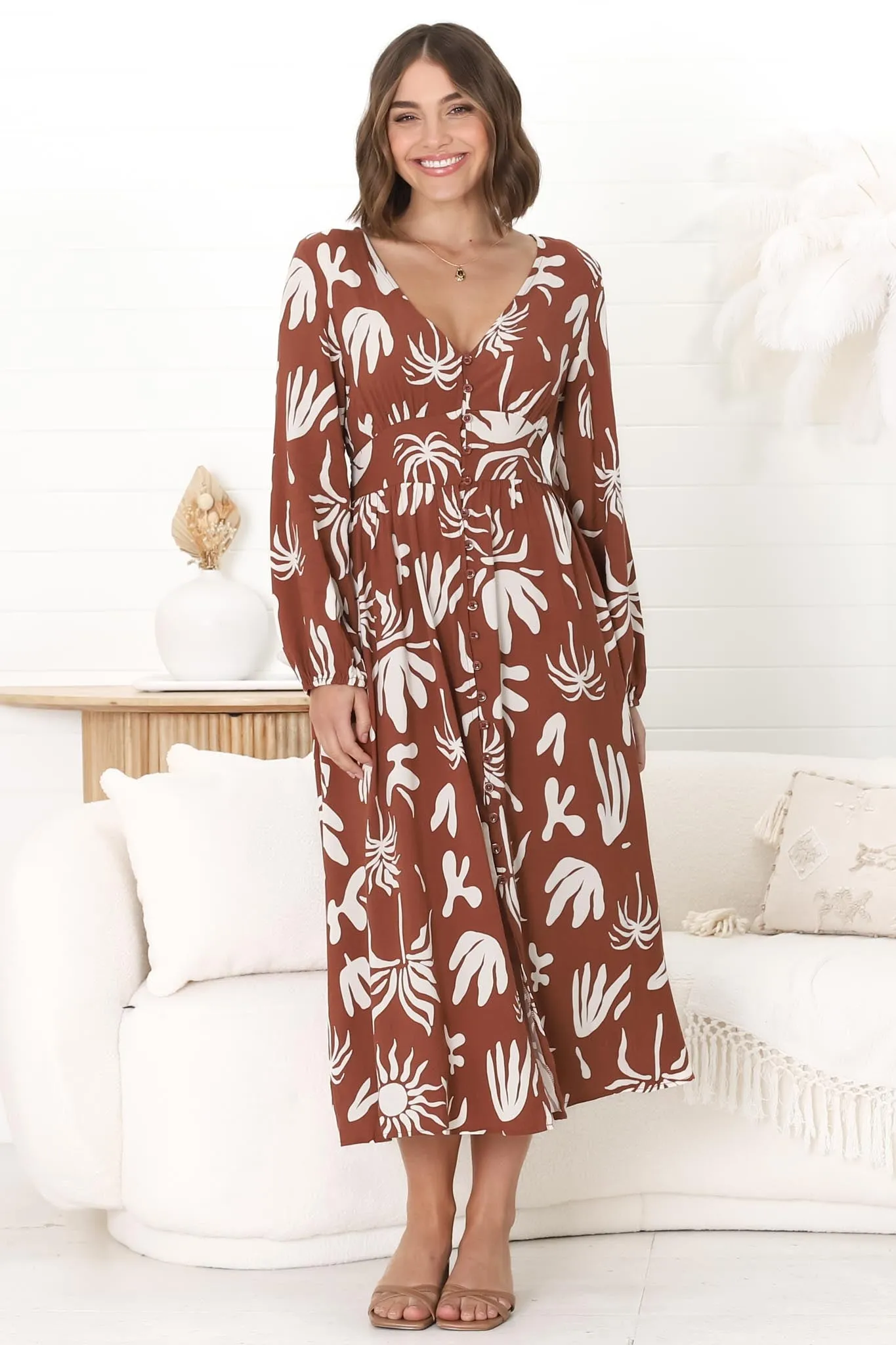 Bello Midi Dress - Button Through Dress with Balloon Sleeves in Wells Print Brown sold by Salty Crush product image thumbnail 3