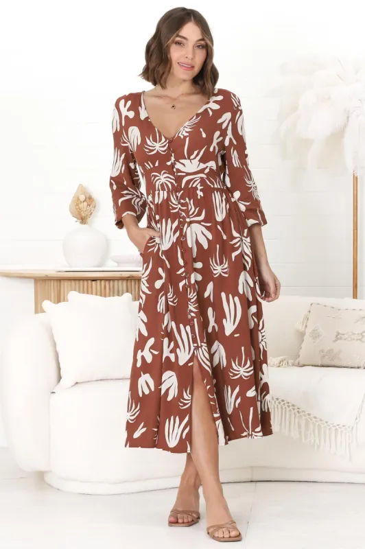 Bello Midi Dress -  Button Through Dress with Balloon Sleeves in Wells Print Brown sold by Salty Crush