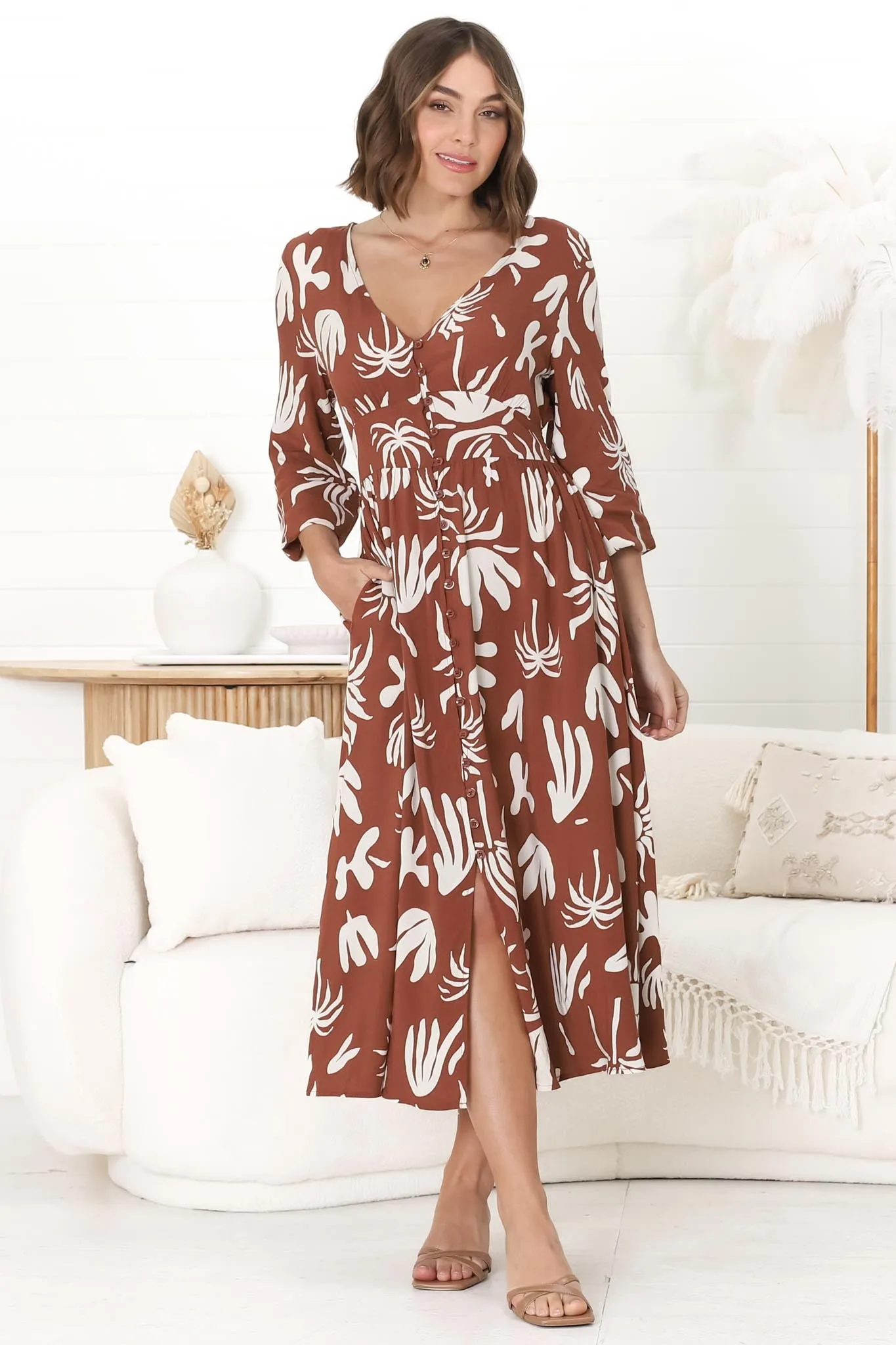 Bello Midi Dress - Button Through Dress with Balloon Sleeves in Wells Print Brown sold by Salty Crush