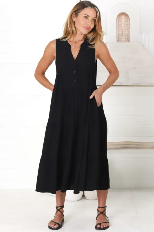 Aurora Midi Dress - Sleeveless Tiered Linen Dress with Pleated Bust in Black sold by Salty Crush