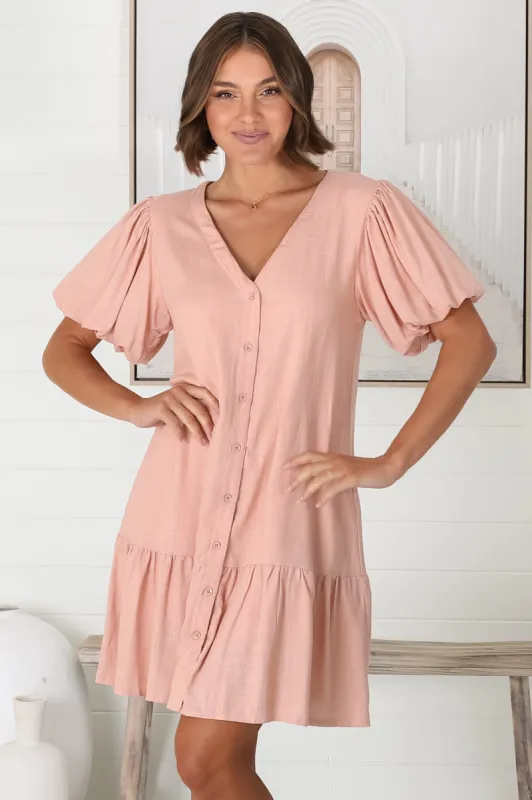 Cammy Mini Dress - V Neck Button Down Smock with Short Billow Sleeves in Blush sold by Salty Crush