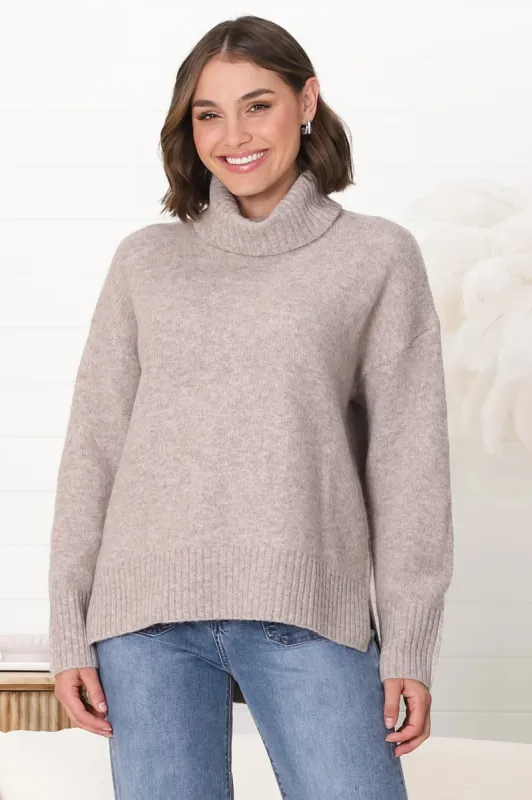Trilly Jumper - Turtle Neck Realxed Jumper Step Hemline in Fawn Marle sold by Salty Crush