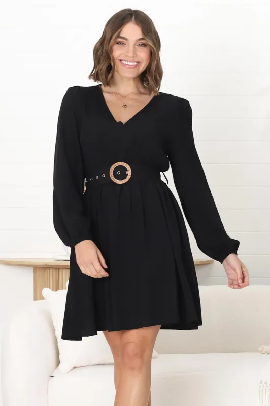 Lyna Mini Dress - A Line Dress with Statement Rattan Buckle Belt in Black sold by Salty Crush