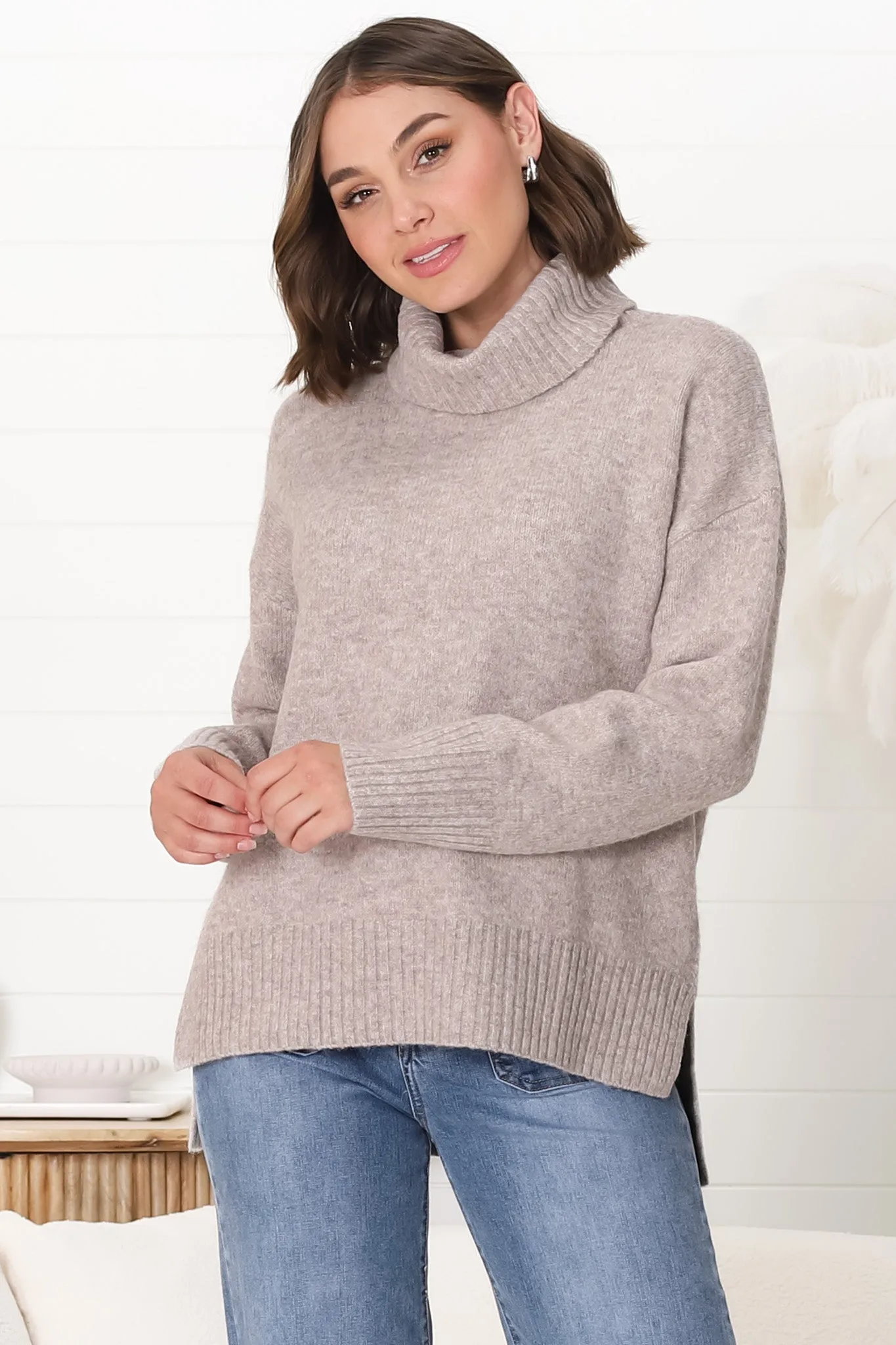 Trilly Jumper - Turtle Neck Realxed Jumper Step Hemline in Fawn Marle sold by Salty Crush product image thumbnail 4